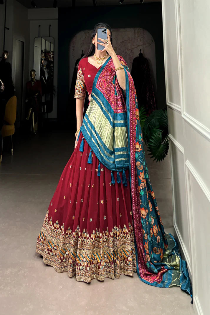 PREMIUM GEORGETTE WITH SEQUANCE AND THREAD EMBROIDERED WORK LEHENGA CHOLI WITH PURE GAJI SILK DUPATTA(WD104) (01)