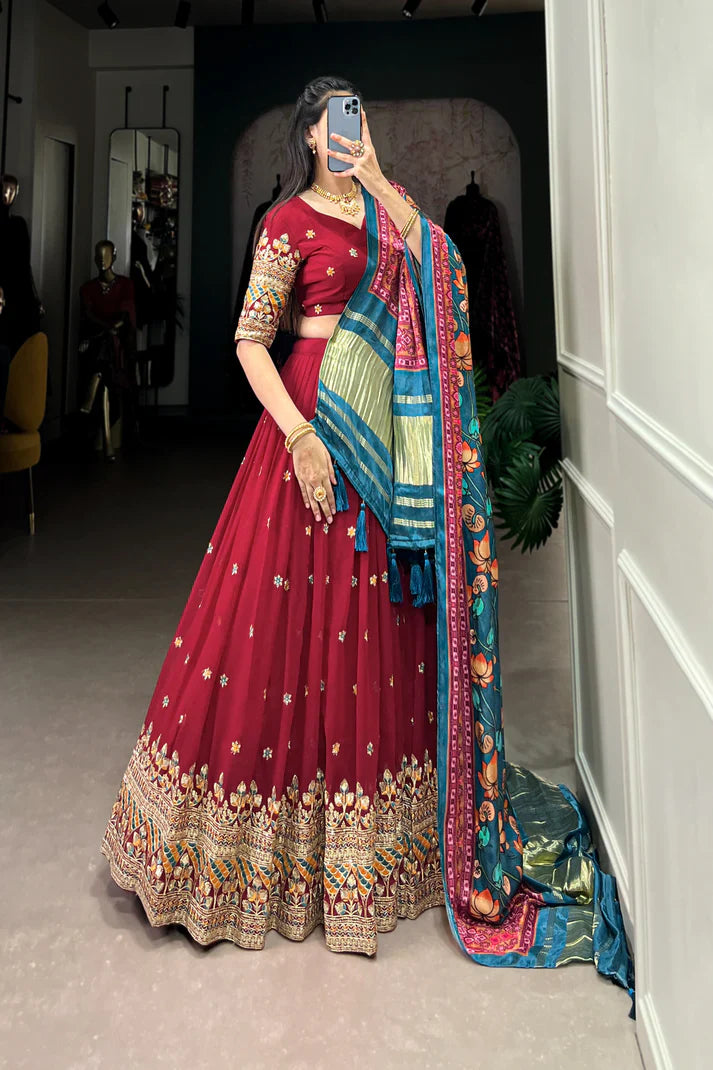 PREMIUM GEORGETTE WITH SEQUANCE AND THREAD EMBROIDERED WORK LEHENGA CHOLI WITH PURE GAJI SILK DUPATTA(WD104) (01)