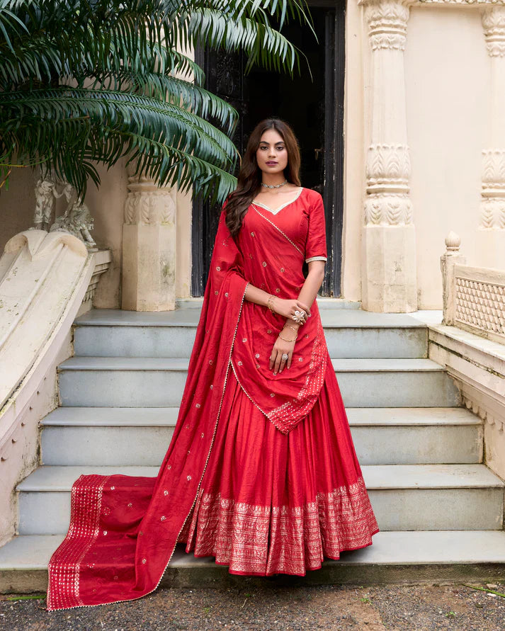 PURE CHANDERI ZARI WEAVING LEHENGA CHOLI WITH SEQUINS EMBROIDERED DUPATTA(WD95) (06)