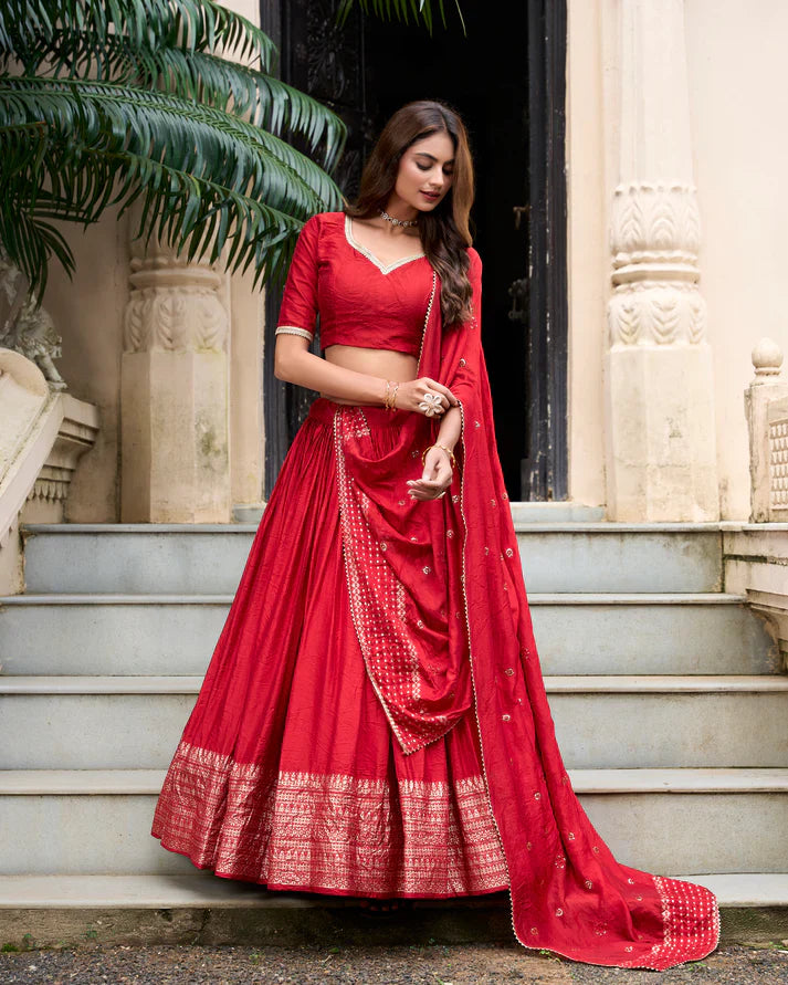 PURE CHANDERI ZARI WEAVING LEHENGA CHOLI WITH SEQUINS EMBROIDERED DUPATTA(WD95) (06)