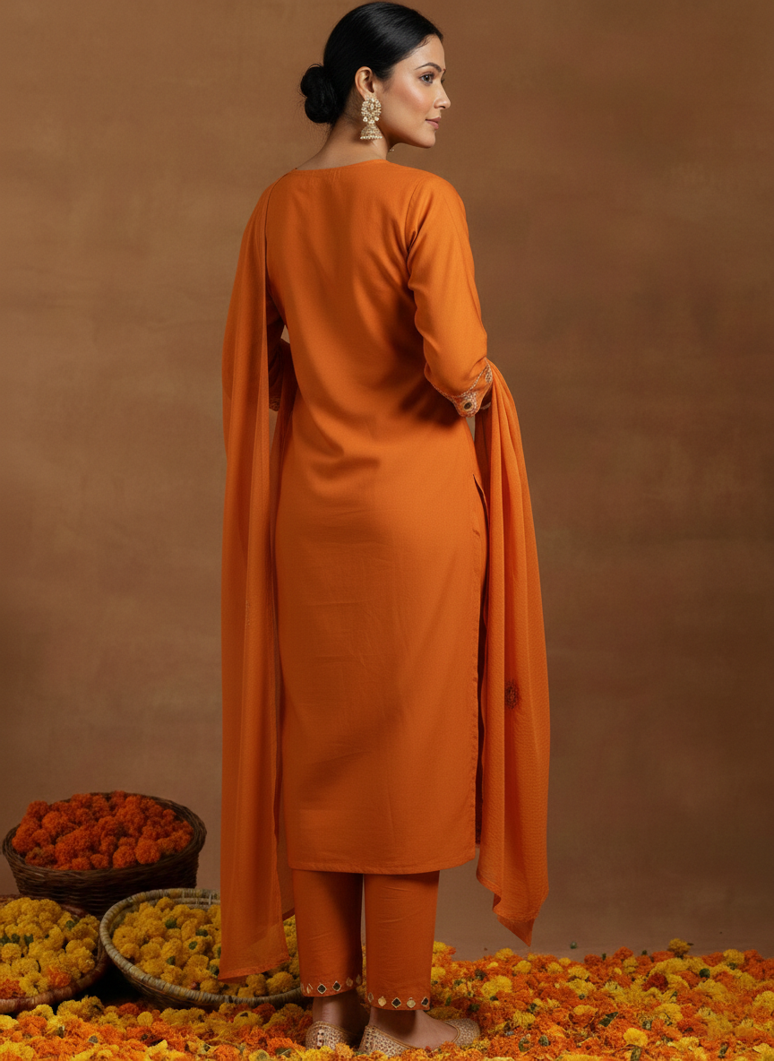 Orange Embroidered Kurta Set with Matching Dupatta for Women (SWDH12)