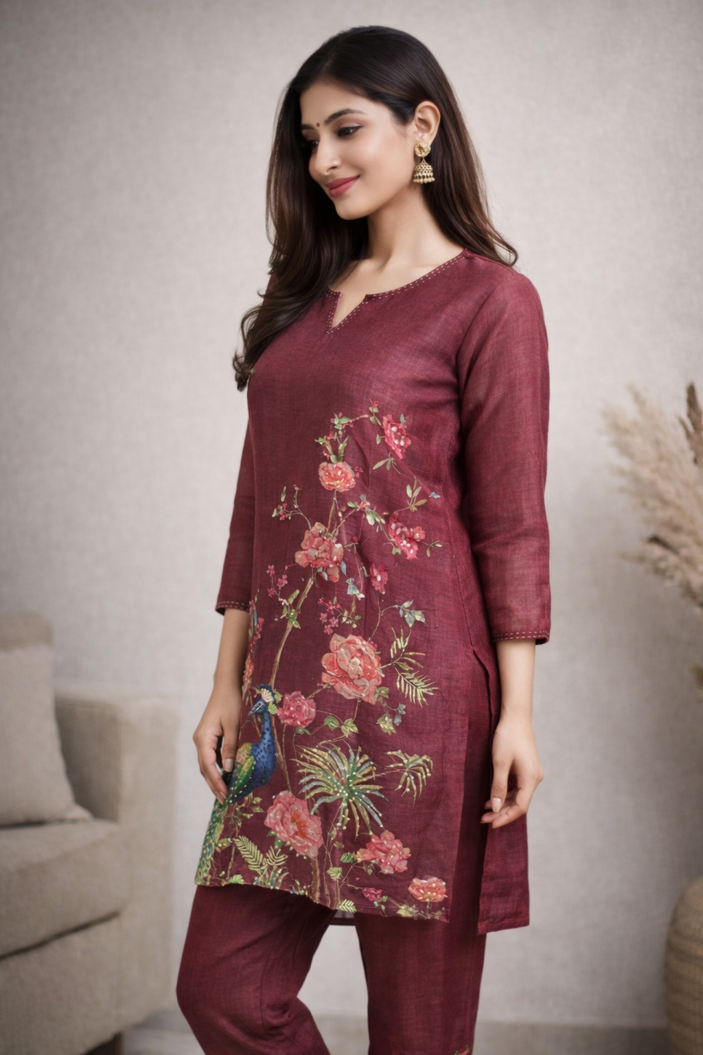 Maroon Floral Printed Kurta Set with Peacock Motif for Women (SWDH10)