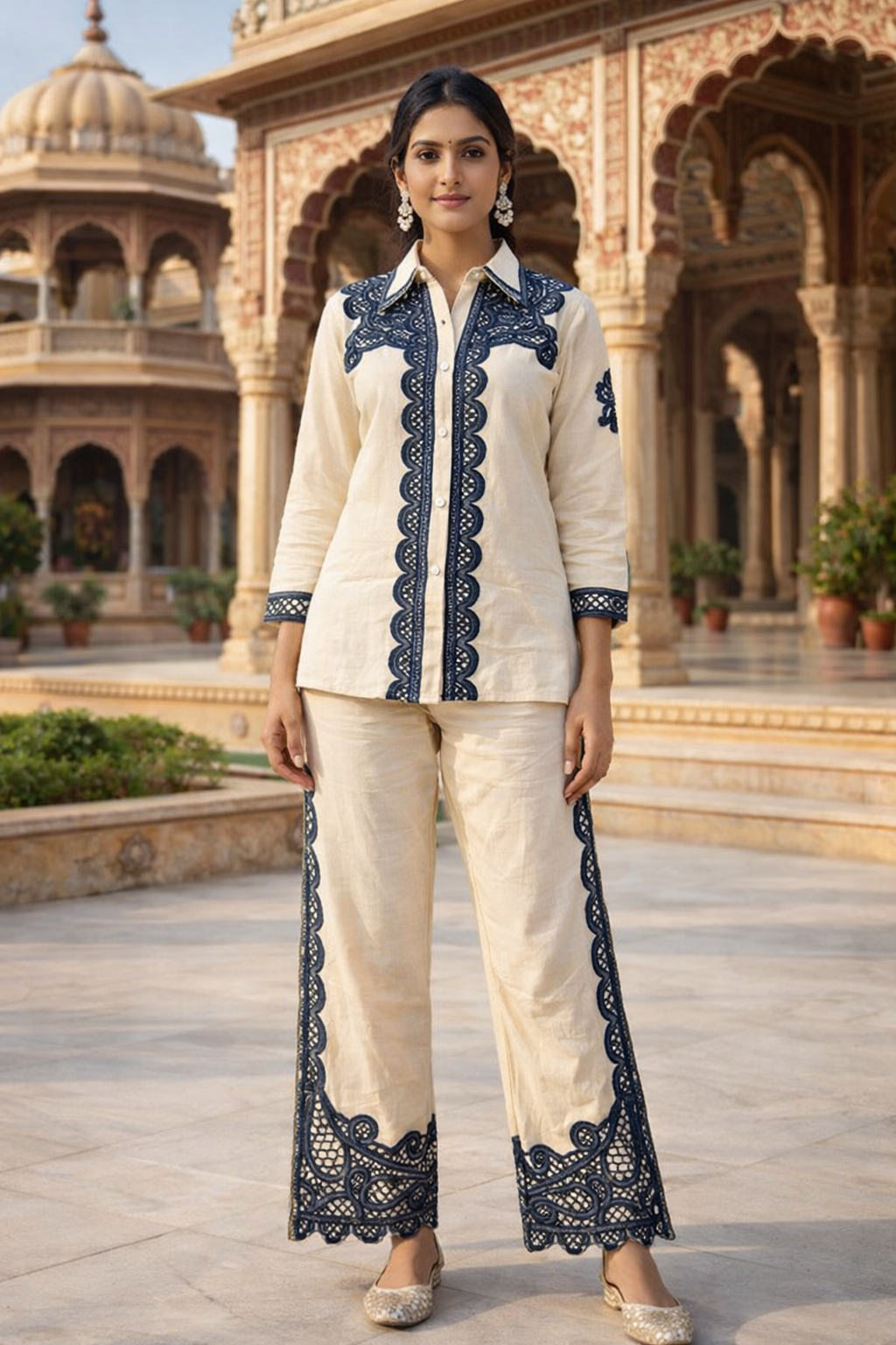 Elegant Ivory & Navy Embroidered Co-Ord Set for Women (SWDH07)