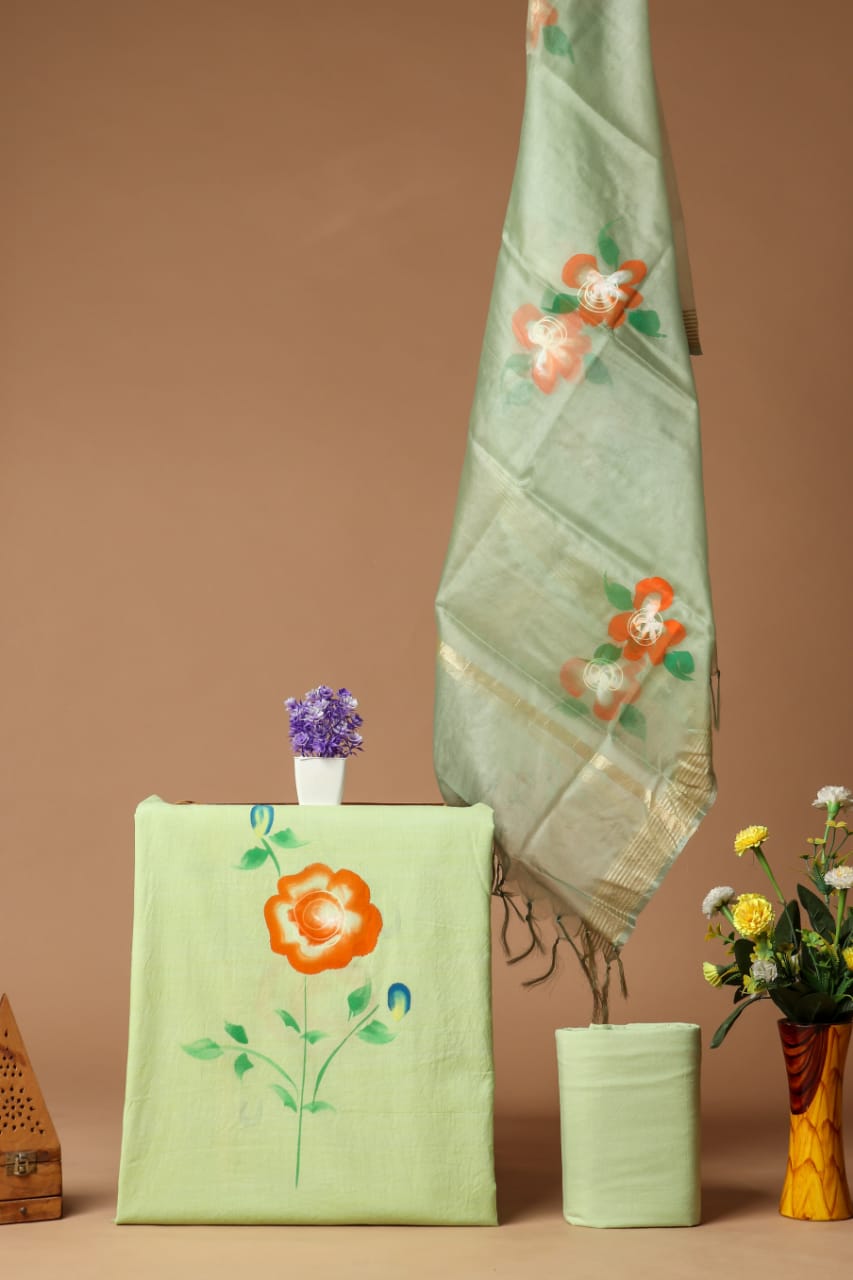 ELEGANT HAND BLOCK PRINT COTTON SUIT SET WITH ORGANZA DUPATTA (SWORG12)