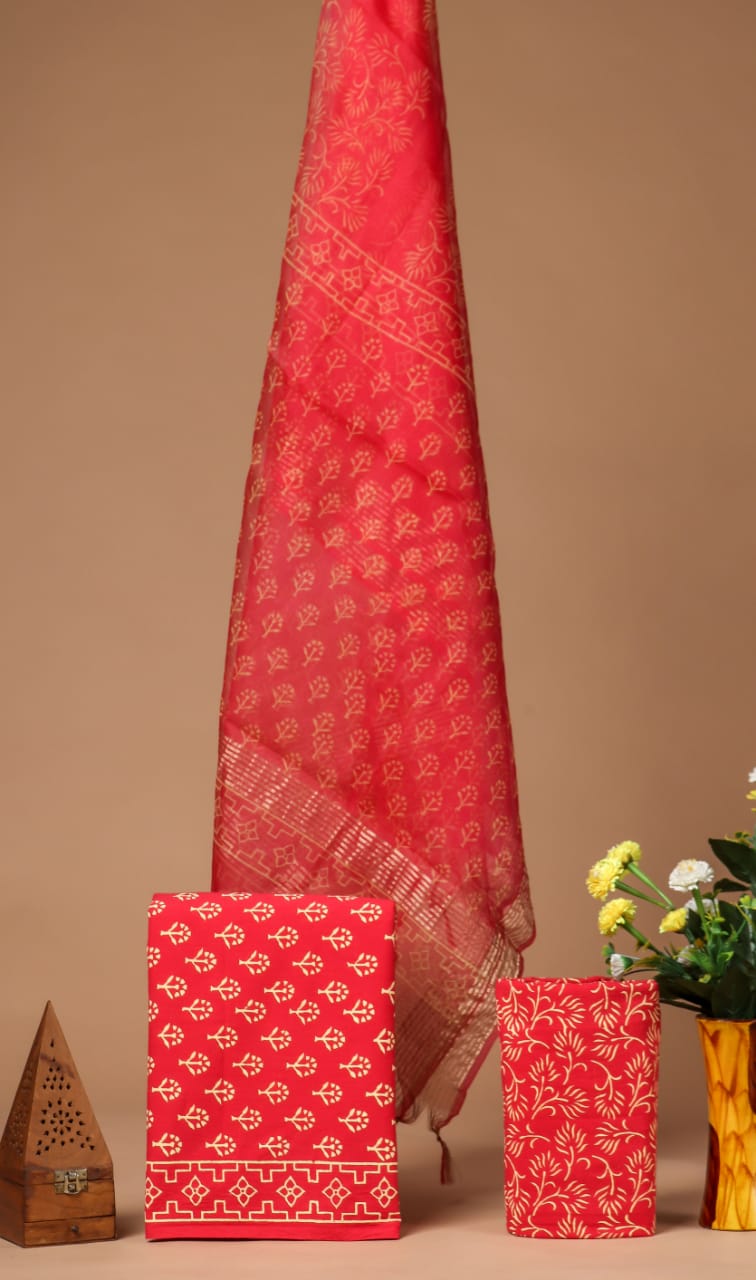 Copy of Copy of BLOCK PRINT COTTON SUIT SET WITH ORGANZA DUPATTA (SWORG32)