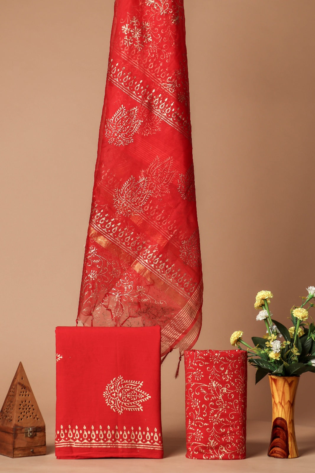 EXCLUSIVE BLOCK PRINT COTTON SUIT SET WITH ORGANZA DUPATTA (SWORG43)