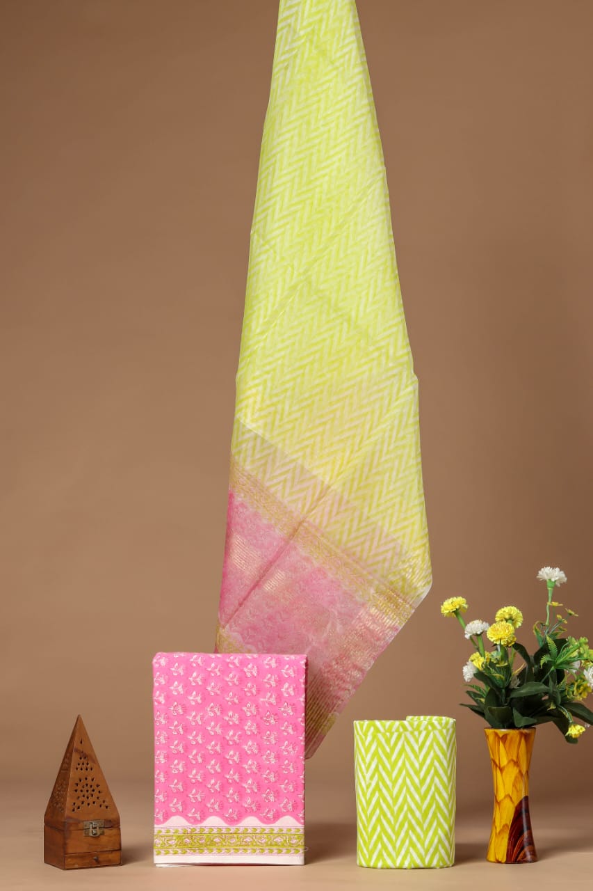 EXCLUSIVE BLOCK PRINT COTTON SUIT SET WITH ORGANZA DUPATTA (SWORG45)