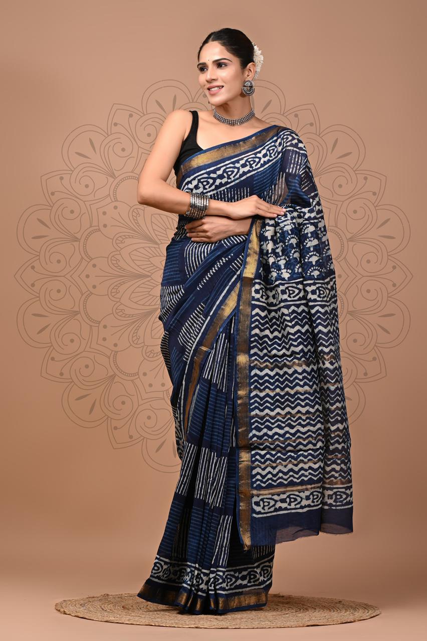 Exclusive Hand Block Printed Maheshwari Silk Saree (SWSRMAH0100)