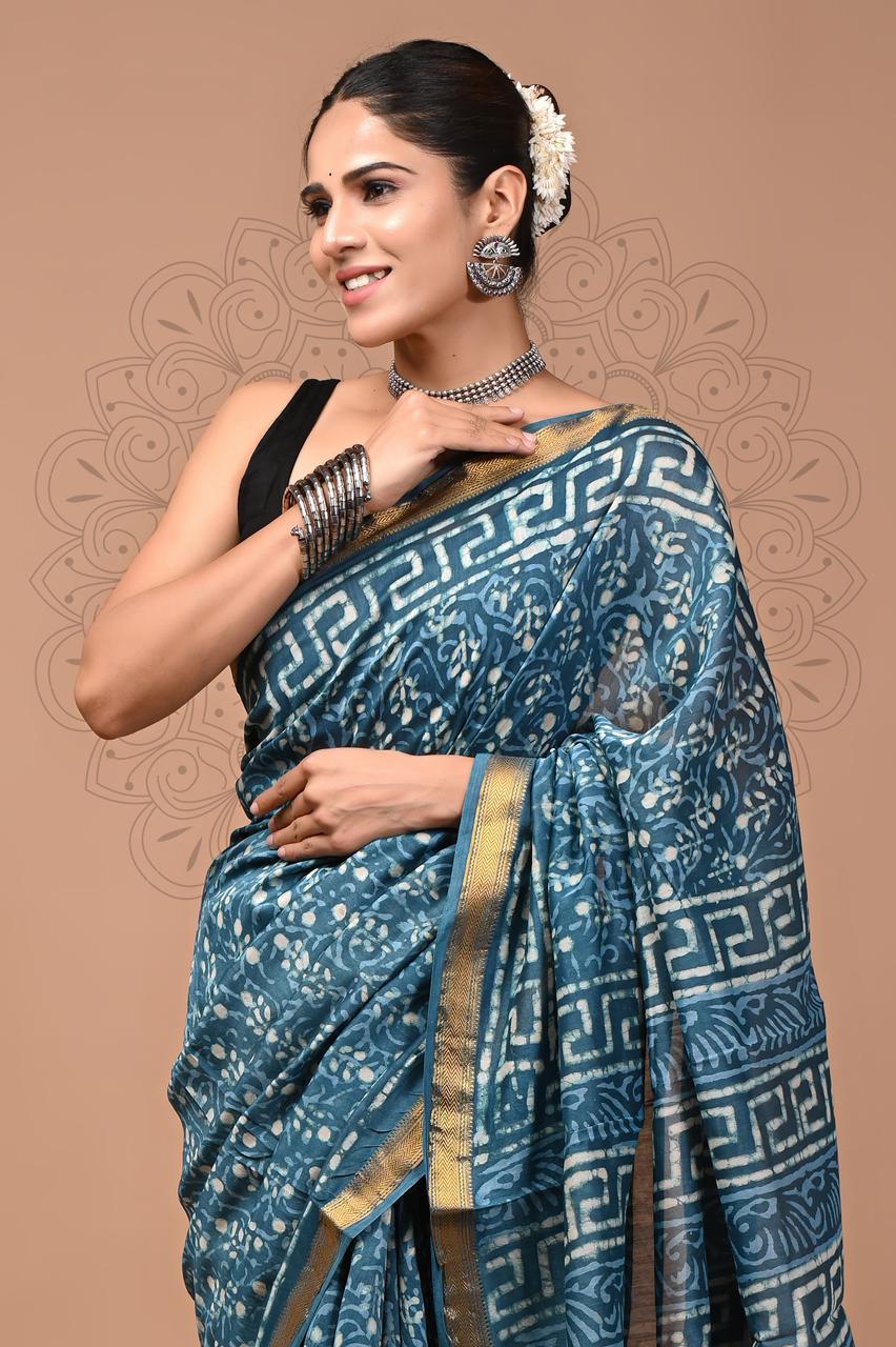 Exclusive Hand Block Printed Maheshwari Silk Saree (SWSRMAH01)