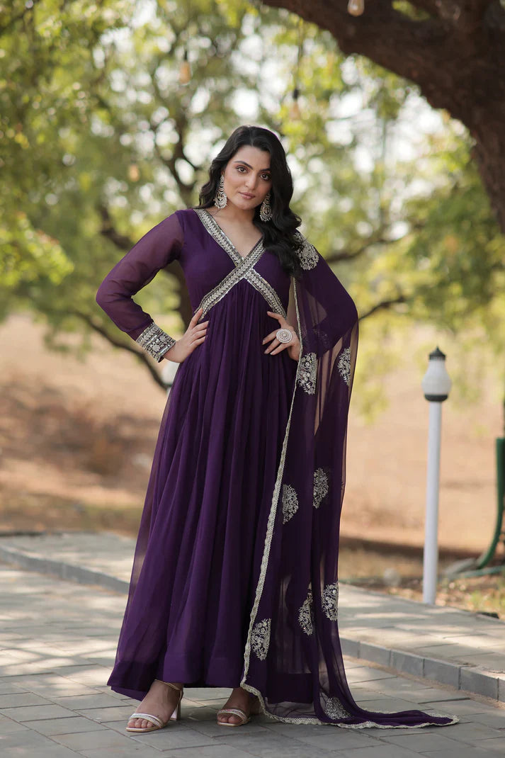 Faux Blooming gown with Viscose Dyable Jacquard With Sequins Embroidered Work Faux Blooming Dupatta(WD38)