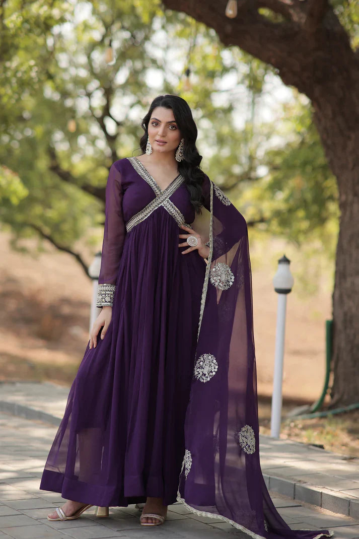 Faux Blooming gown with Viscose Dyable Jacquard With Sequins Embroidered Work Faux Blooming Dupatta(WD38)