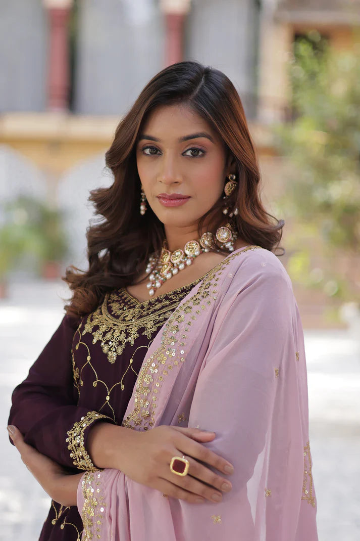 WEDDING SPECIAL FAUX BLOOMING GEORGETTE SEQUINS EMBROIDERED PLAZZO SET WITH DUPATTA(WD121) (01)