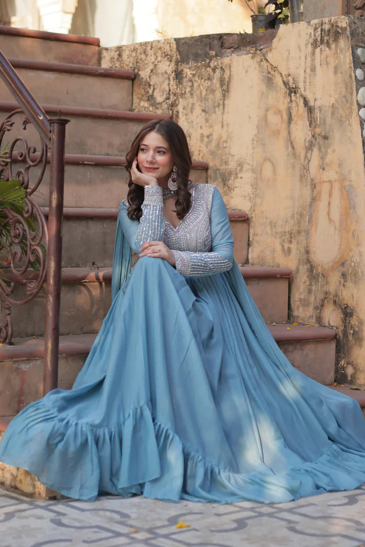 WEDDING SPECIAL GEORGETTE BEADS SEQUANCE EMBROIDERED GOWN WITH DUPATTA(WD102) (01)