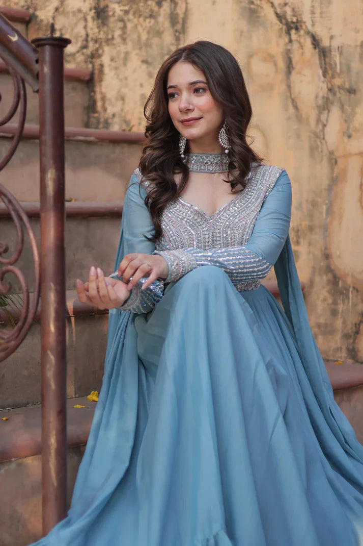 WEDDING SPECIAL GEORGETTE BEADS SEQUANCE EMBROIDERED GOWN WITH DUPATTA(WD102) (01)