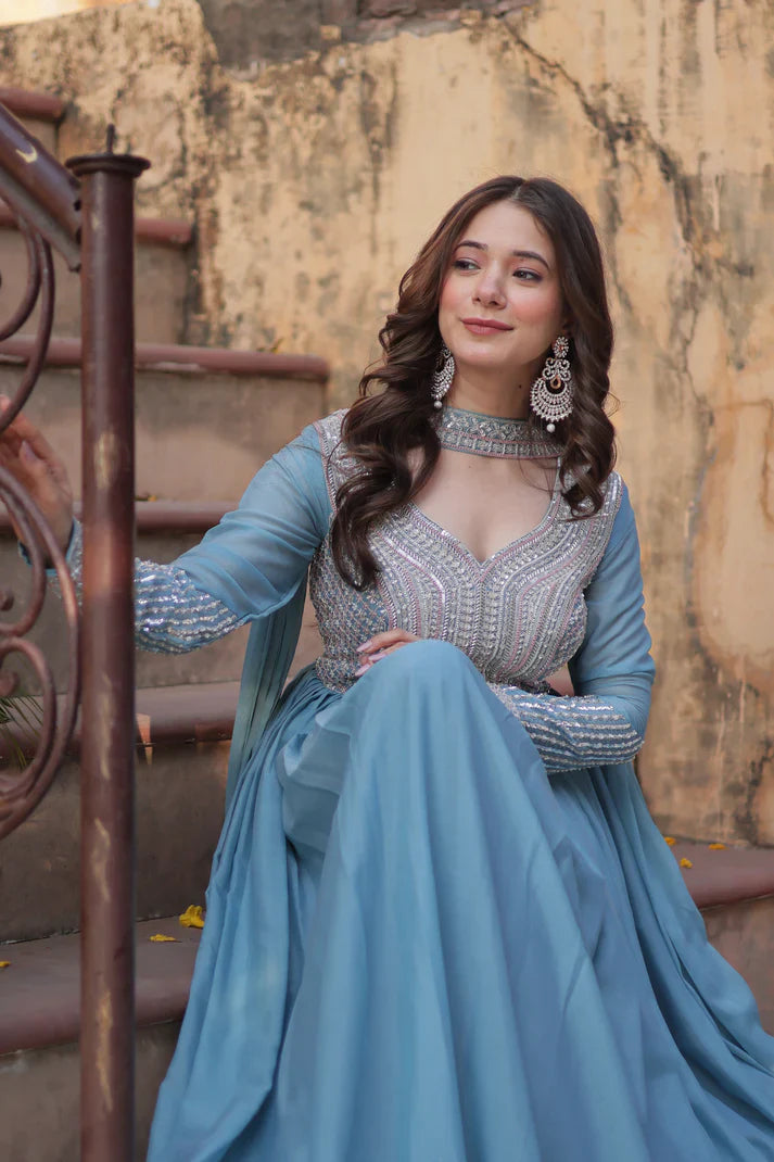 WEDDING SPECIAL GEORGETTE BEADS SEQUANCE EMBROIDERED GOWN WITH DUPATTA(WD102) (01)