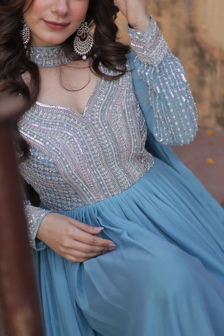 WEDDING SPECIAL GEORGETTE BEADS SEQUANCE EMBROIDERED GOWN WITH DUPATTA(WD102) (01)