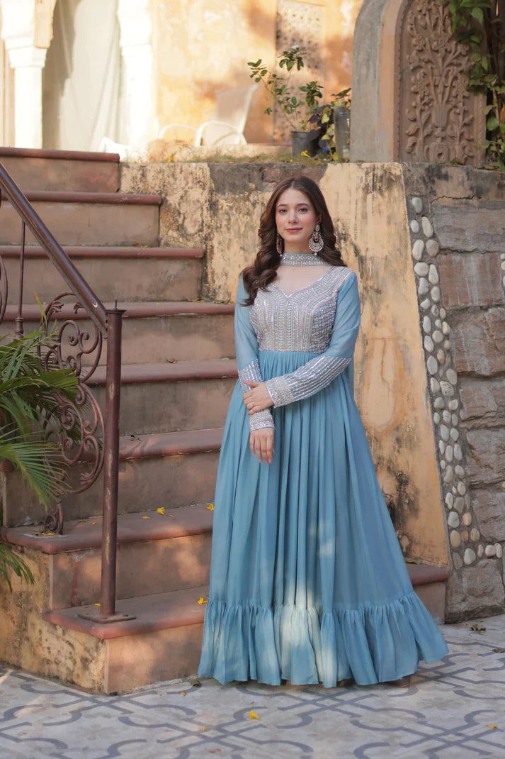 WEDDING SPECIAL GEORGETTE BEADS SEQUANCE EMBROIDERED GOWN WITH DUPATTA(WD102) (01)