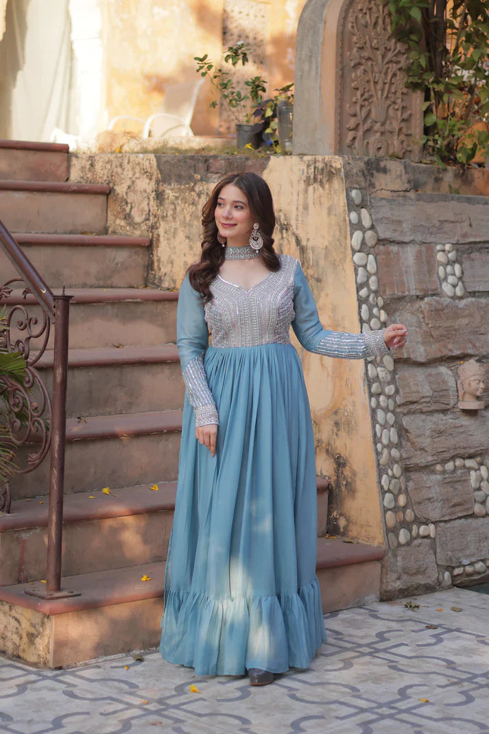 WEDDING SPECIAL GEORGETTE BEADS SEQUANCE EMBROIDERED GOWN WITH DUPATTA(WD102) (01)
