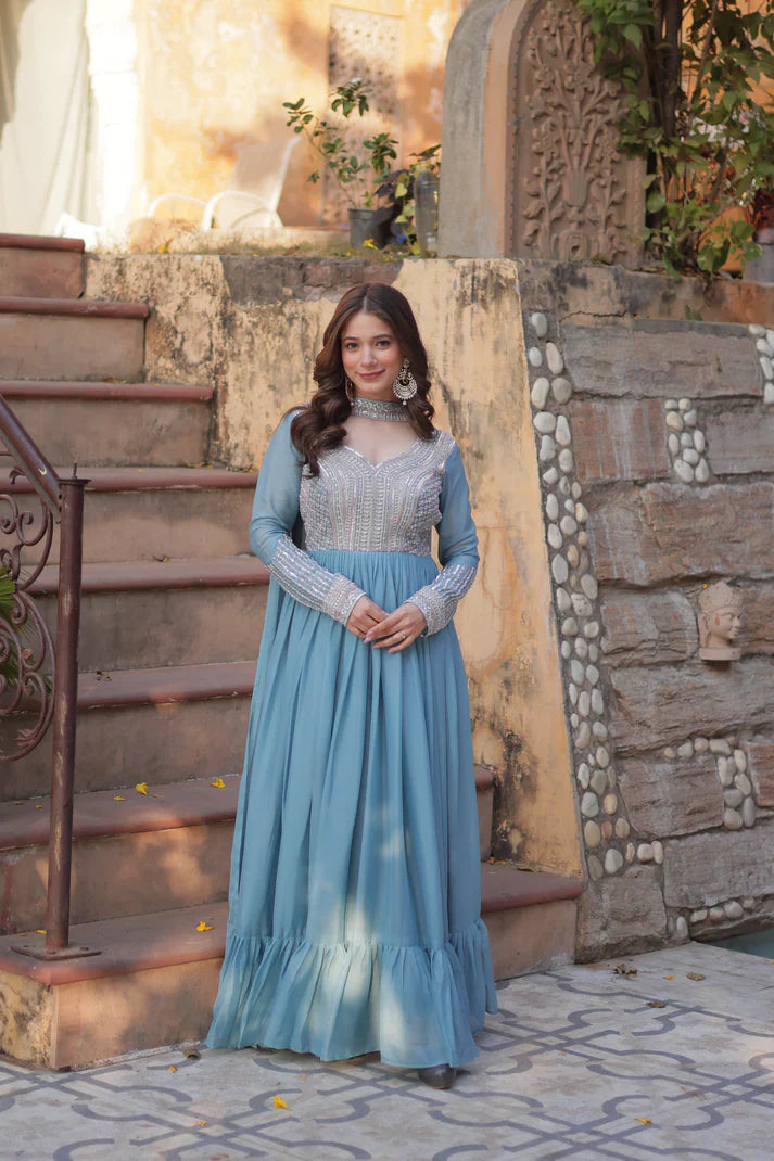 WEDDING SPECIAL GEORGETTE BEADS SEQUANCE EMBROIDERED GOWN WITH DUPATTA(WD102) (01)