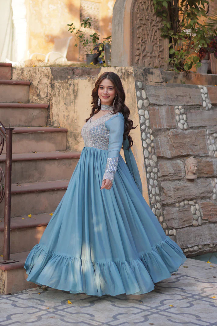 WEDDING SPECIAL GEORGETTE BEADS SEQUANCE EMBROIDERED GOWN WITH DUPATTA(WD102) (01)