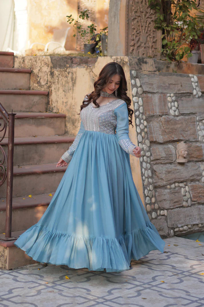 WEDDING SPECIAL GEORGETTE BEADS SEQUANCE EMBROIDERED GOWN WITH DUPATTA(WD102) (01)