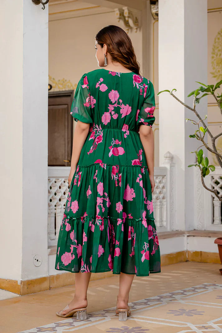 GREEN FAUX GEORGETTE FLORAL PRINT FLAIRED DRESS(WD70)