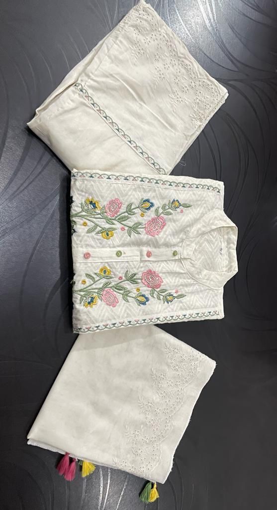 Cotton chikankari embroidered kurta with pants and stall dupatta will make you look the best. (SWRD39)