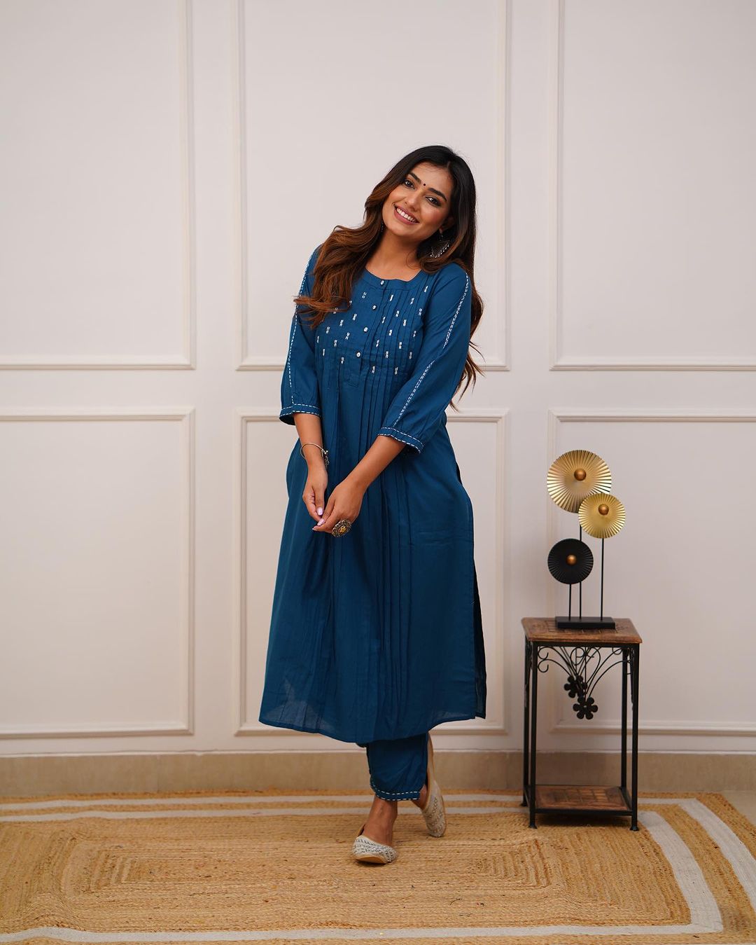Upgrade your office wear wardrobe with this classy *teal blue kurti pant with beautiful manual tagai & button work detailing for all day comfort and trendy look