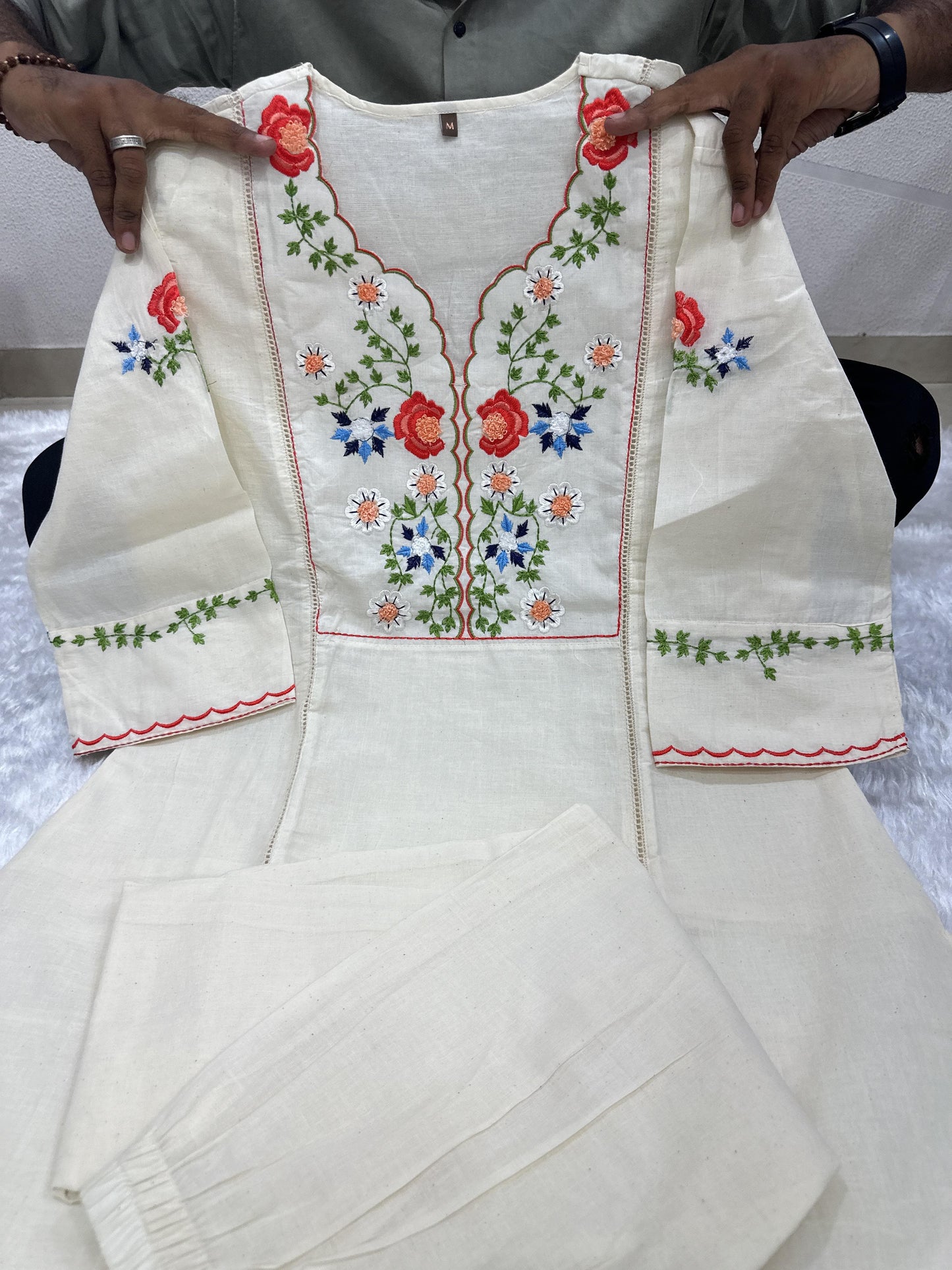 Launching Summer Special, Comfortable And Attractive Pure Cotton Suit Set Which Is Beautifully Decorated With Hand Embroidery And Thread Work. It Is Paired With Matching Pants(SWCD59)