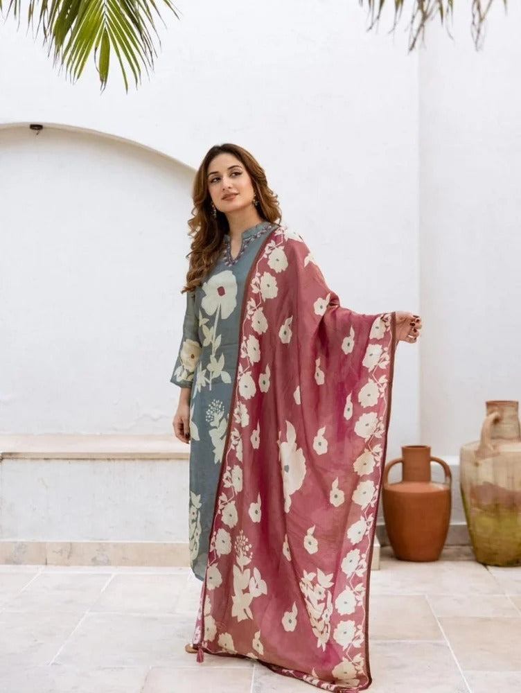 Beautiful pure cotton kurti pant dupatta set๐