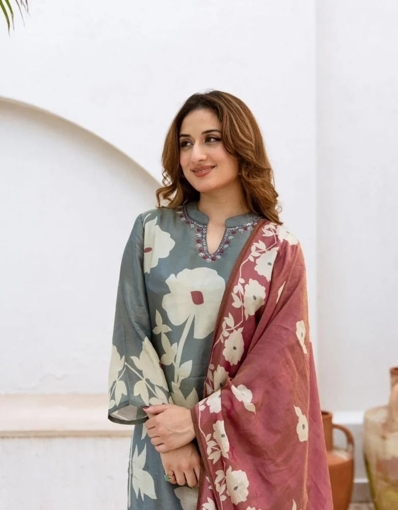 Beautiful pure cotton kurti pant dupatta set๐