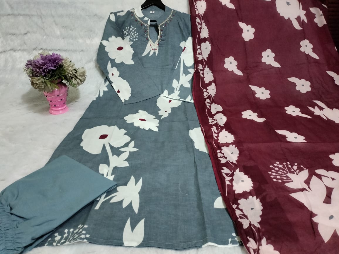 Beautiful pure cotton kurti pant dupatta set๐