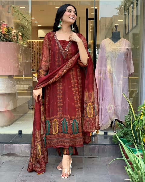 Beautiful pure premium chiffon digital printed Anarkali set with handwork on neck it has attached lining paired up with santoon slik pant and Organza digital printed dupatta sets(SWRED04)