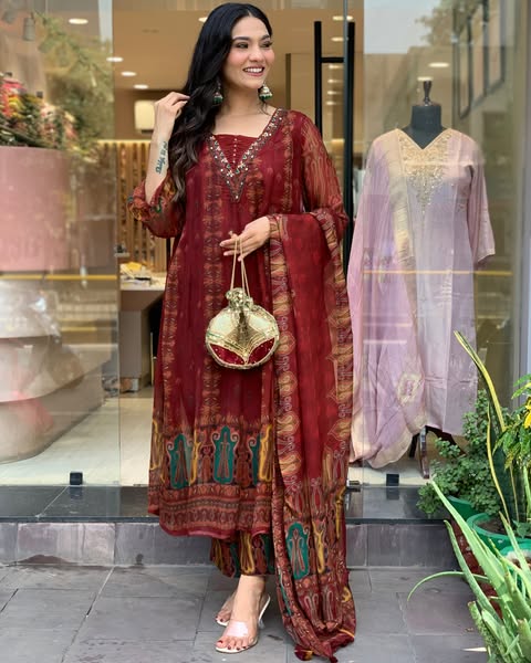 Beautiful pure premium chiffon digital printed Anarkali set with handwork on neck it has attached lining paired up with santoon slik pant and Organza digital printed dupatta sets(SWRED04)