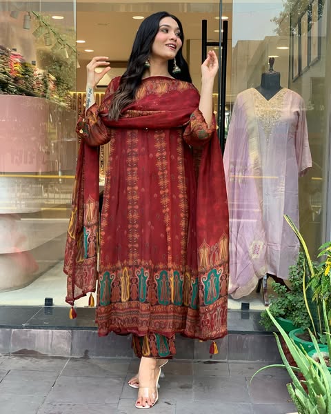 Beautiful pure premium chiffon digital printed Anarkali set with handwork on neck it has attached lining paired up with santoon slik pant and Organza digital printed dupatta sets(SWRED04)