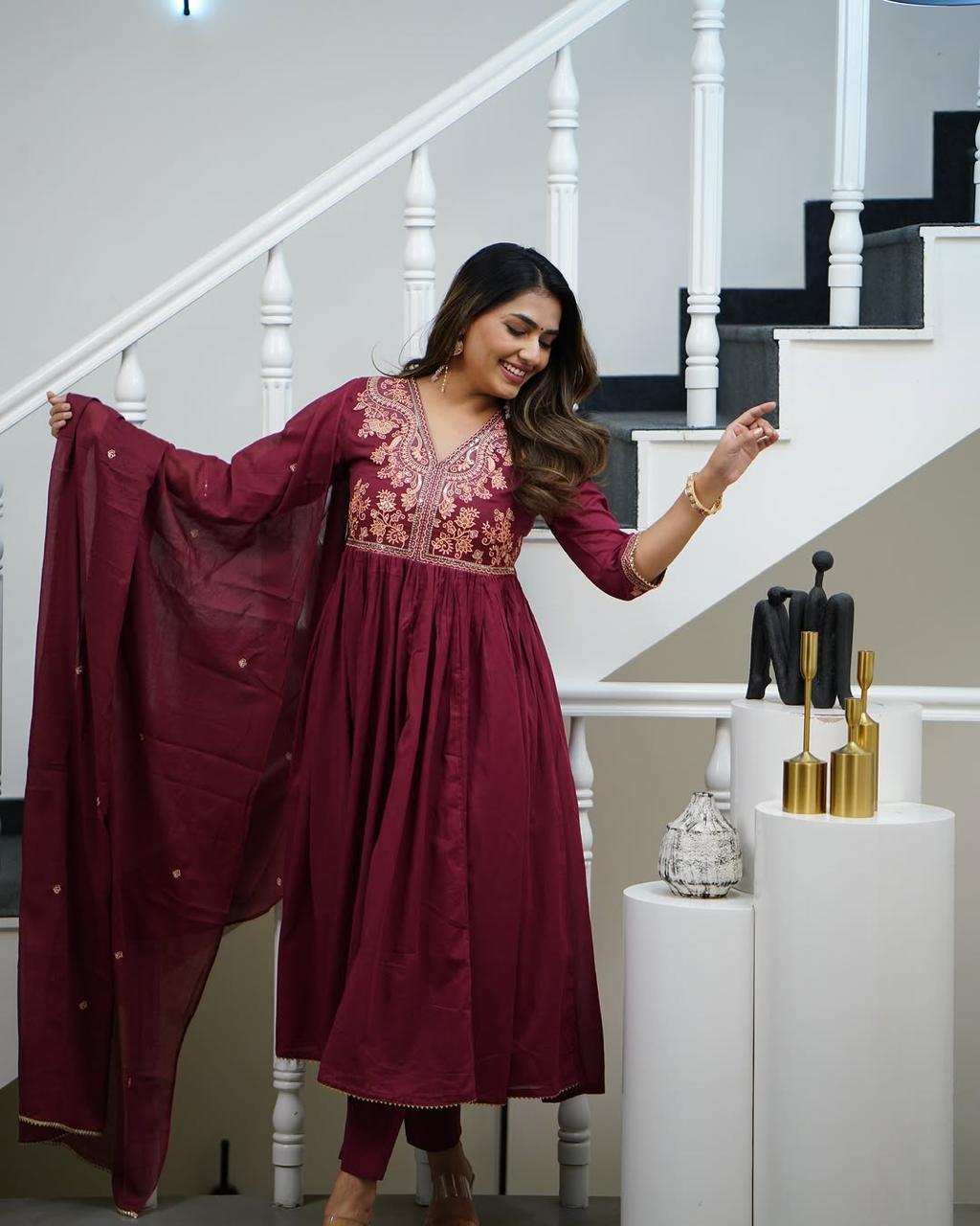 Look out of a dreamy movie set as you turn around and walk in this elegant flaired suit ! The perfect of traditional wear style...