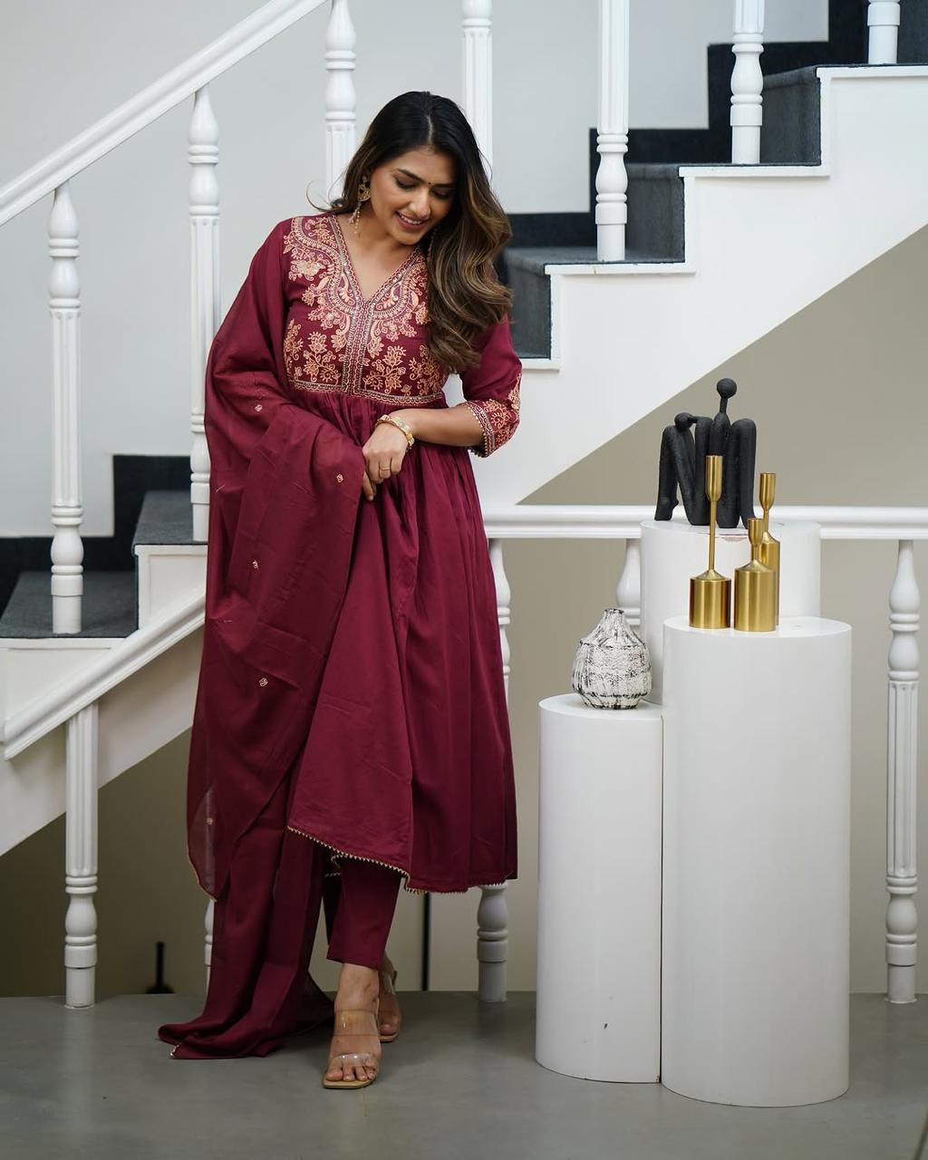 Look out of a dreamy movie set as you turn around and walk in this elegant flaired suit ! The perfect of traditional wear style...