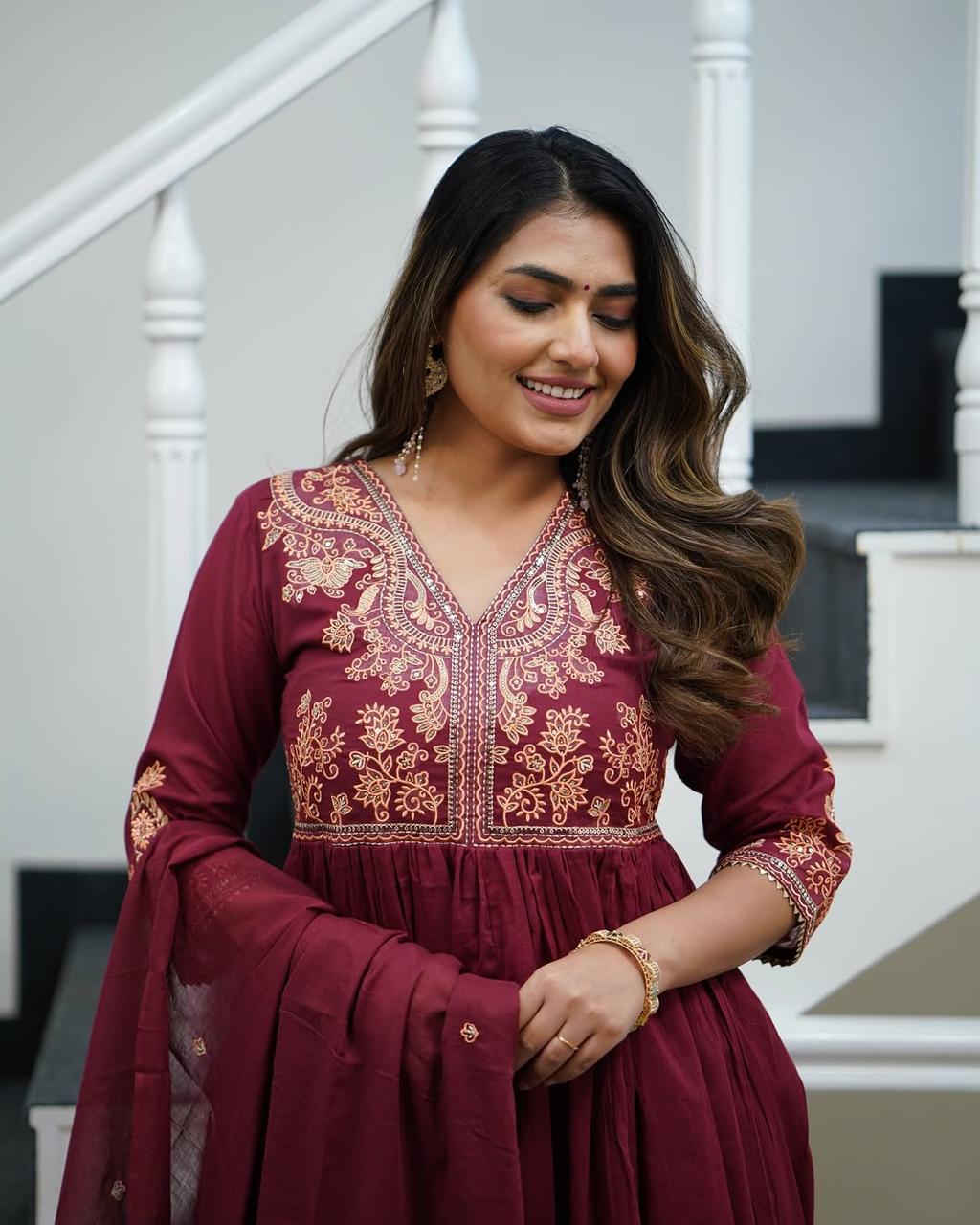 Look out of a dreamy movie set as you turn around and walk in this elegant flaired suit ! The perfect of traditional wear style...