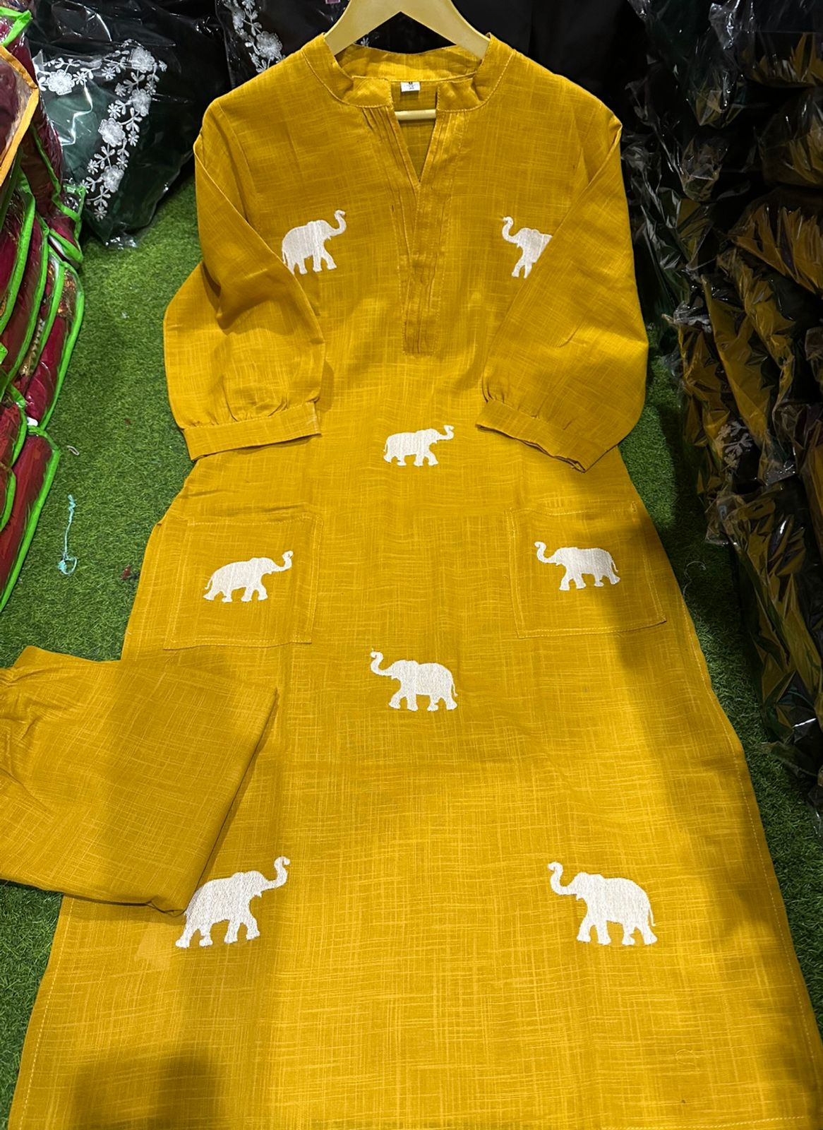 Designer Top Pant set In *South Cotton * Fabric With Ethnic Elephant Embroidery work All over the Kurta & With Trending Scoped Sleeves... π€π€