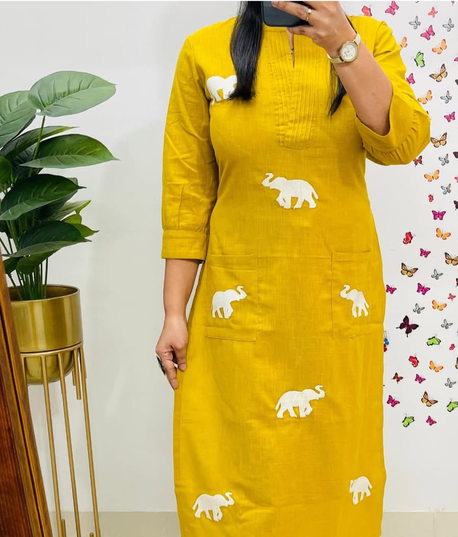 Designer Top Pant set In *South Cotton * Fabric With Ethnic Elephant Embroidery work All over the Kurta & With Trending Scoped Sleeves... π€π€