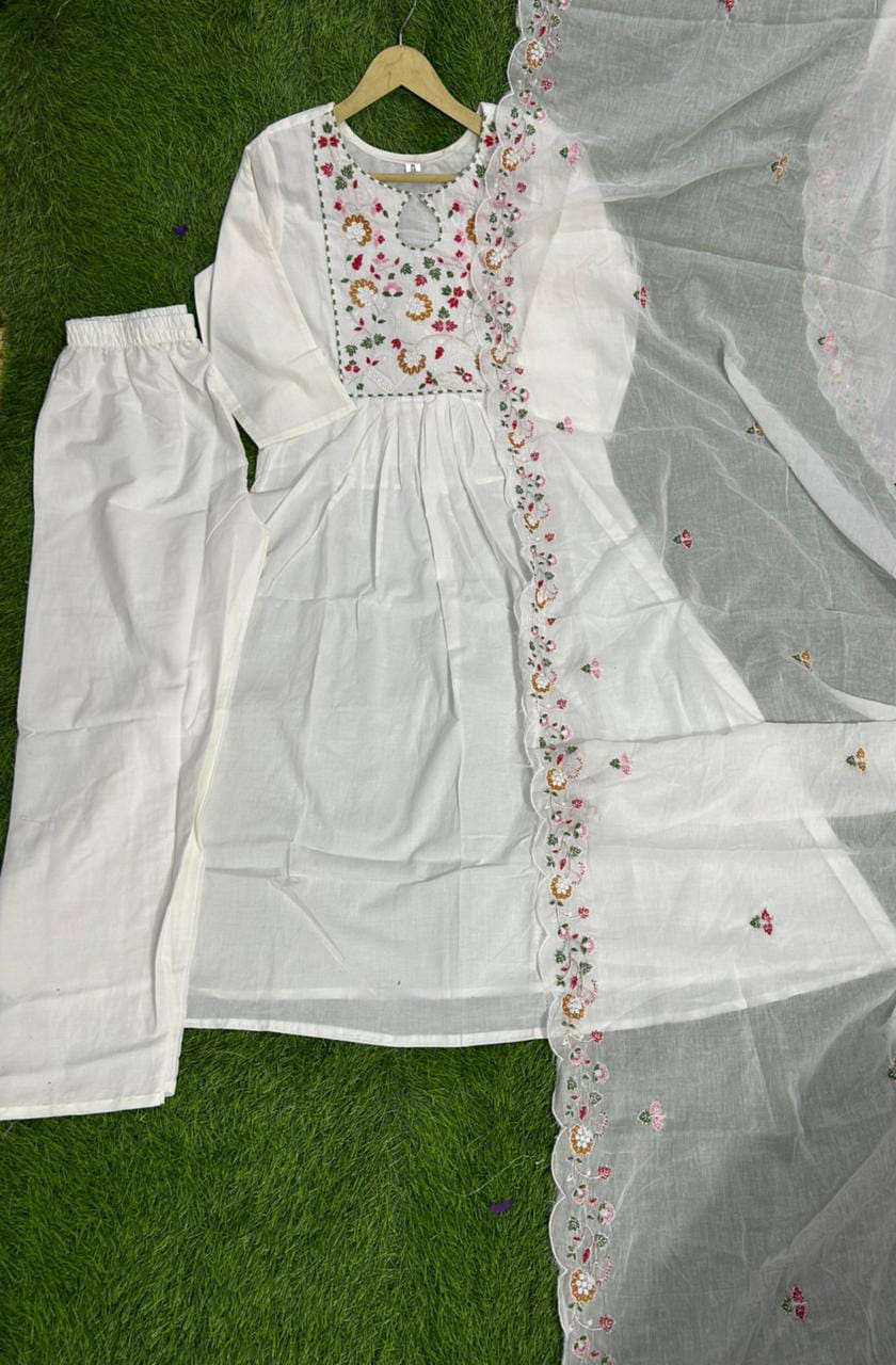 Pure Cotton60-60 super quality kurta with beautiful emb neck yoke & cotton pant with emb full malmal cotton dupatta.