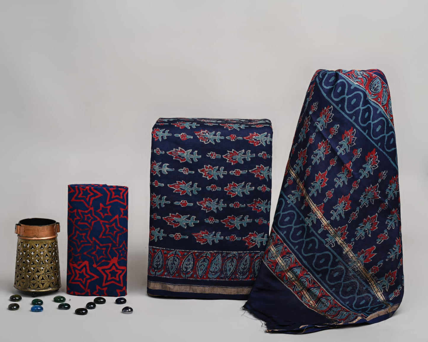 EXCLUSIVE ELEGANT HAND BLOCK PRINT CHANDERI SILK SUIT SET