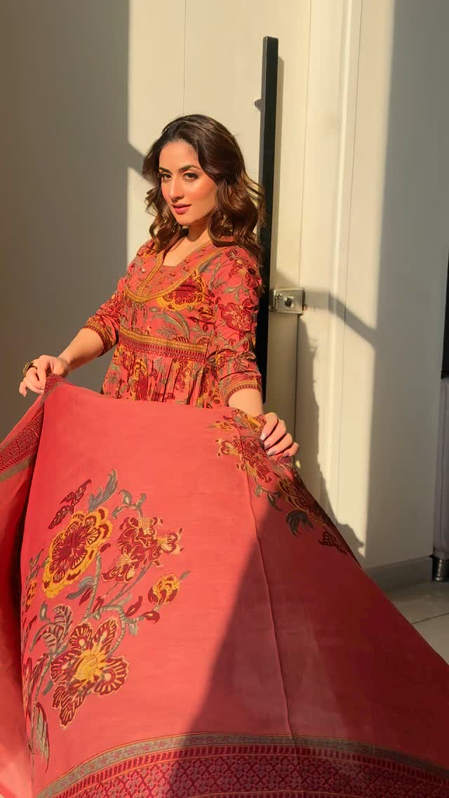 Premium cotton Anarkali suit set with hand work detailing on yoke paired with matching pant and full dupatta.(SWRED60)