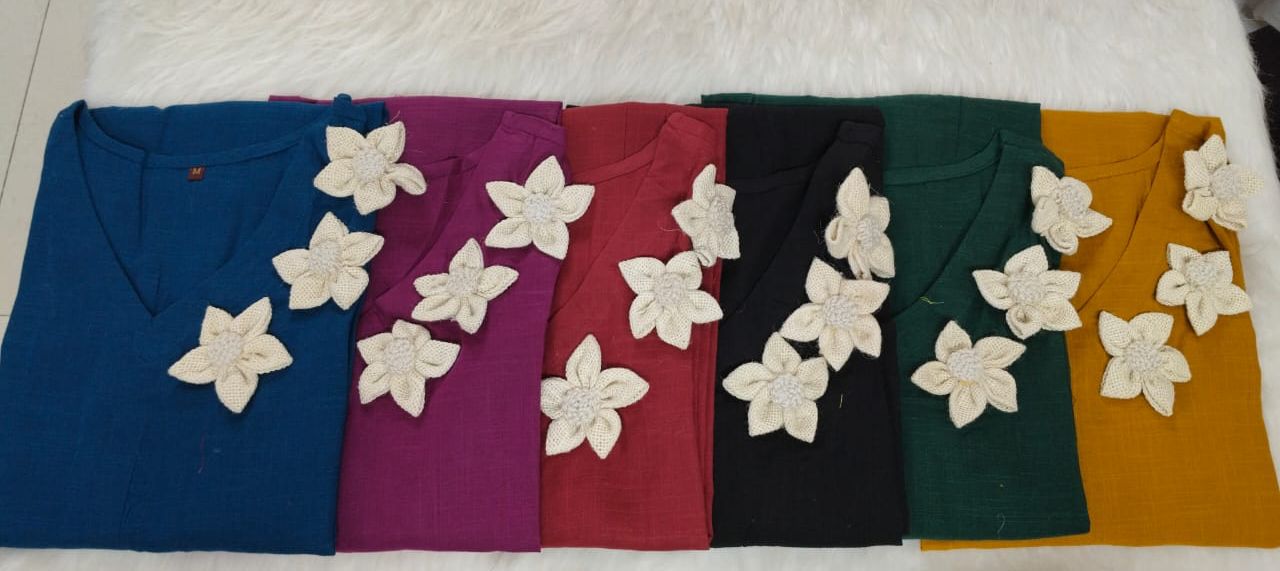 Premium jute flowers embroidery on side which give the look of premium casual look in summer(SWC31)