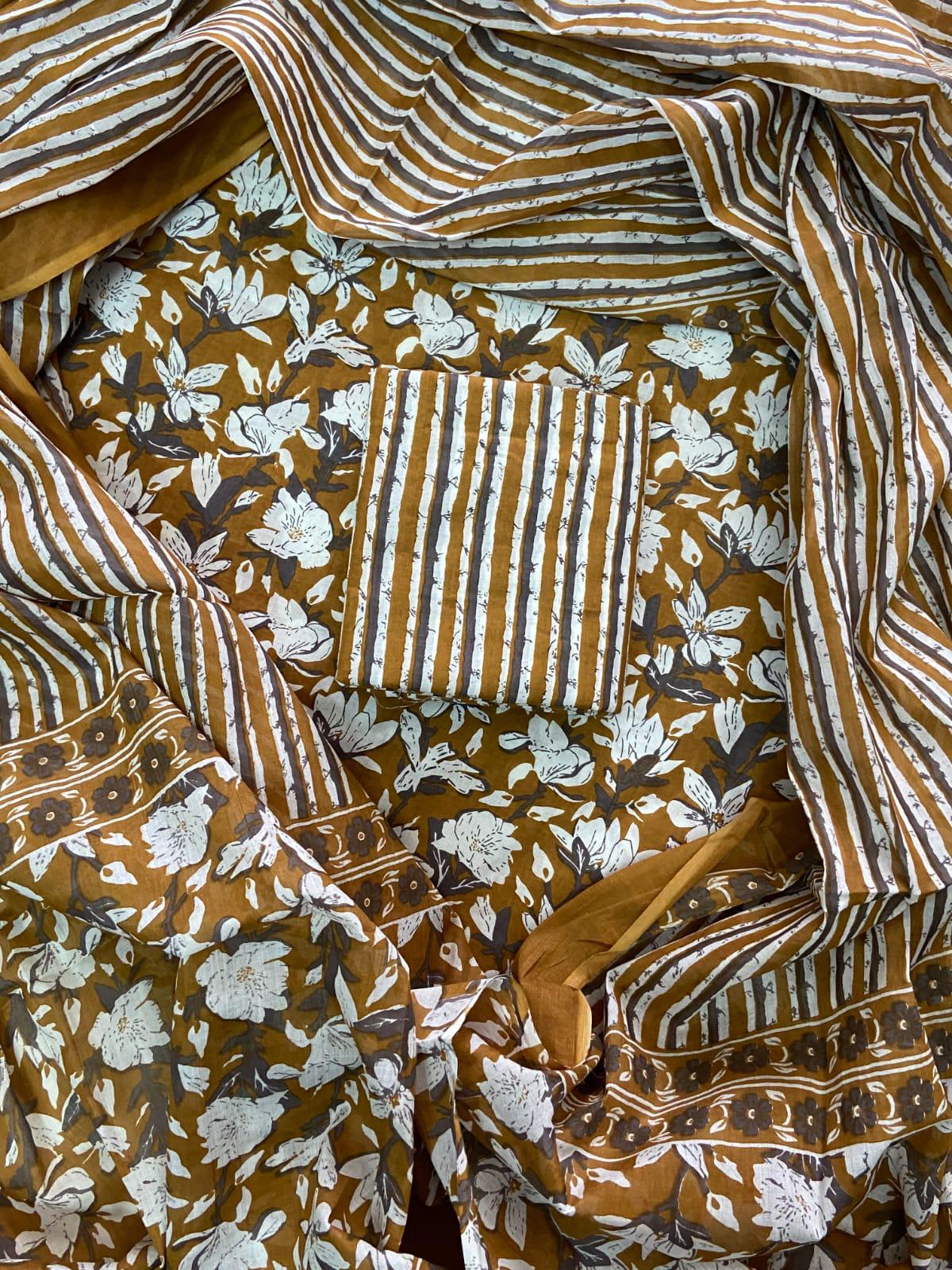 TRADITIONAL HAND BLOCK PRINT COTTON SUIT SET WITH MULMUL DUPATTA