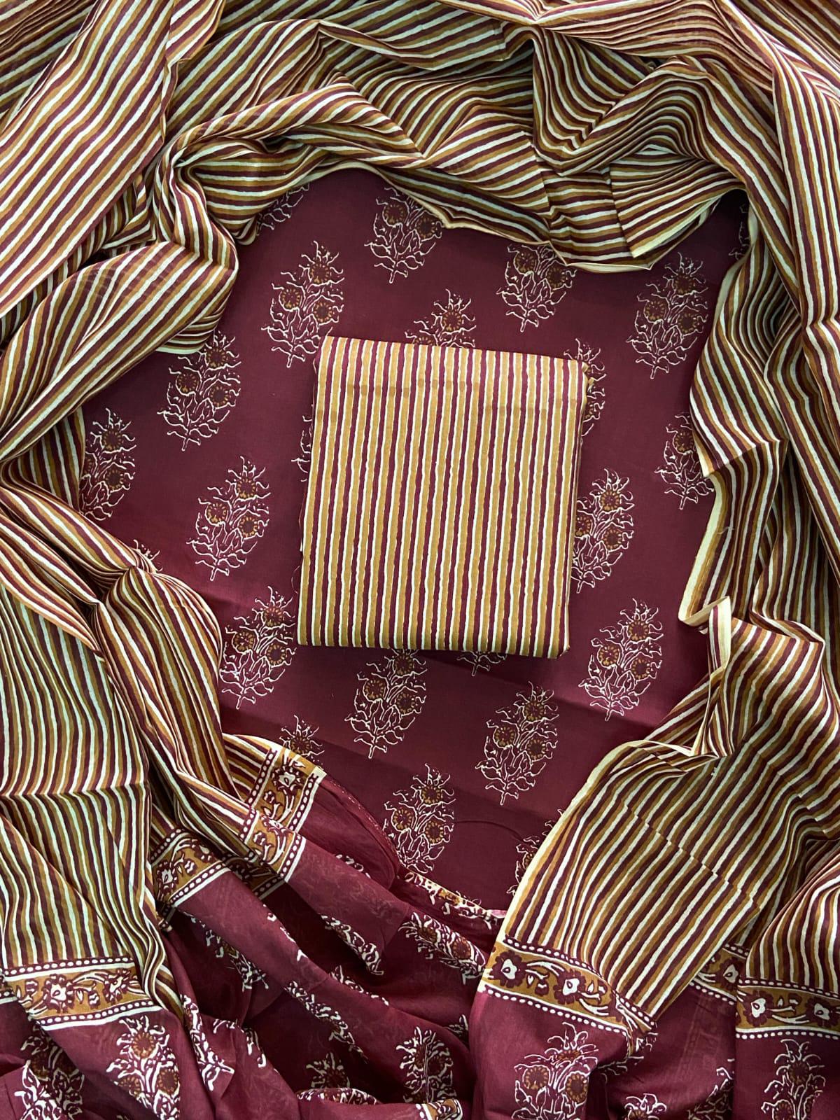 EXCLUSIVE HAND BLOCK PRINT COTTON SUIT SET WITH MULMUL DUPATTA