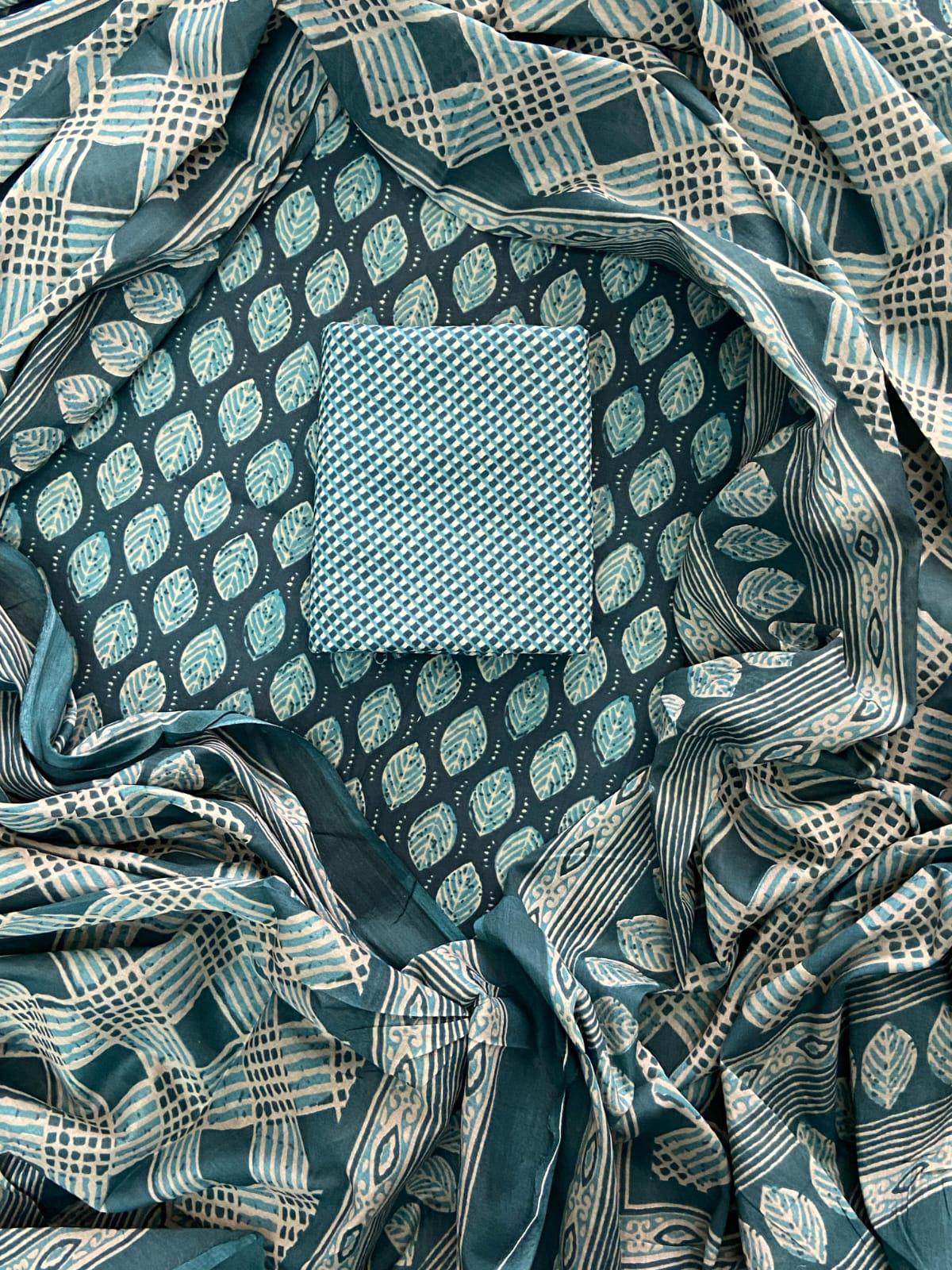 EXCLUSIVE HAND BLOCK PRINT COTTON SUIT SET WITH MULMUL DUPATTA