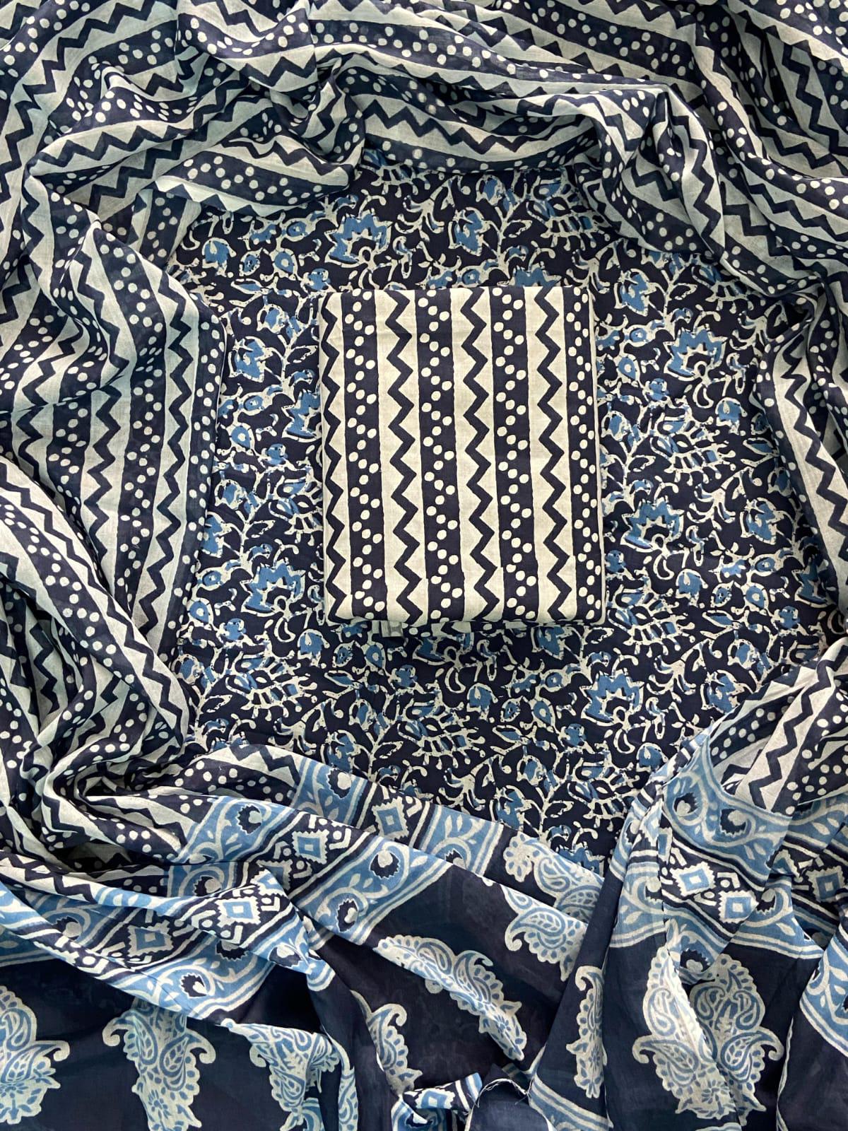 EXCLUSIVE HAND BLOCK PRINT COTTON SUIT SET WITH MULMUL DUPATTA