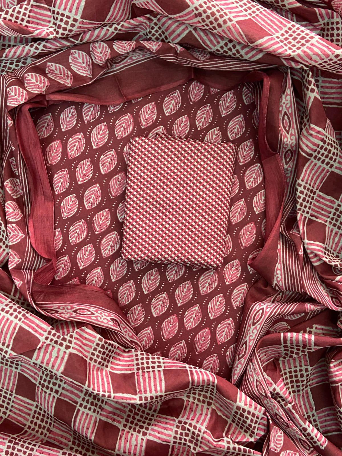 Premium hand block printed cotton suit with cotton dupatta