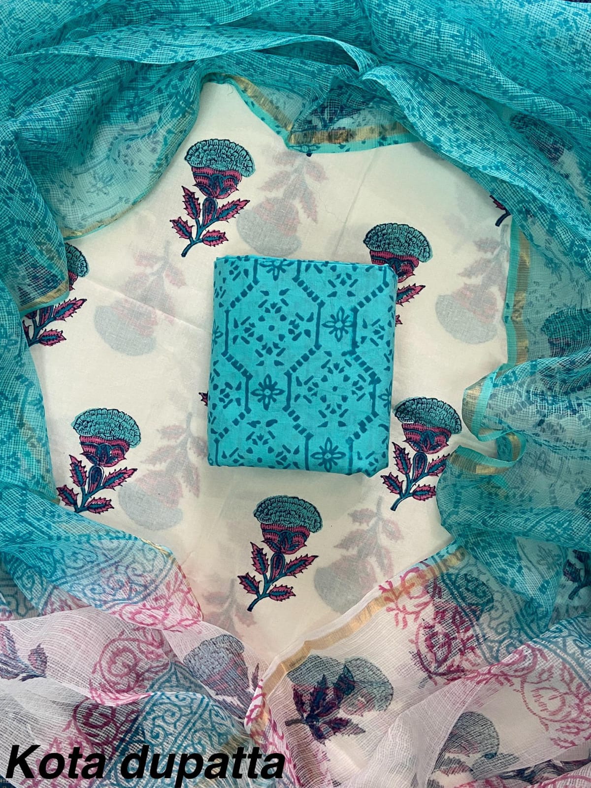 Suits Wala Hand Block Print Cotton Suit Set with Kota Doria Dupatta